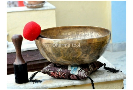 Large Buddha Etched Tibetan Singing Bowl with Eight Lucky Symbols – Multiple Large Size Options
