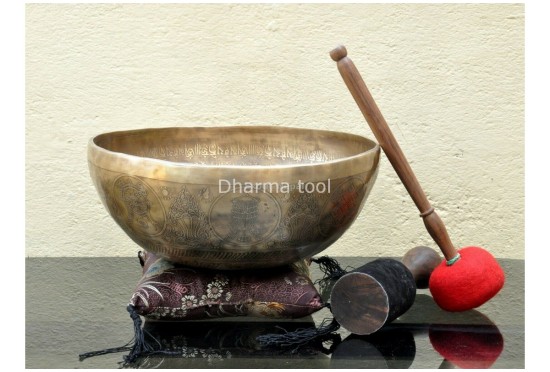 Large Buddha Etched Tibetan Singing Bowl with Eight Lucky Symbols – Multiple Large Size Options