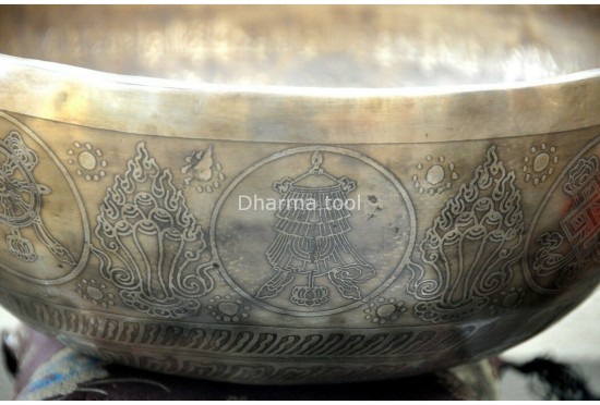 Large Buddha Etched Tibetan Singing Bowl with Eight Lucky Symbols – Multiple Large Size Options