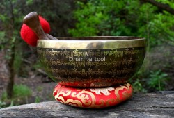 Mantra Mandala Etched Tibetan Singing Bowl – Tibetan Mantra & OM Symbol – Multiple Size Option