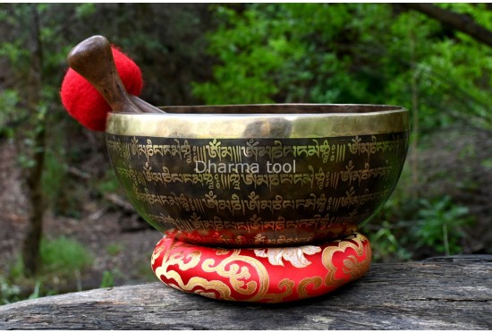 Mantra Mandala Etched Tibetan Singing Bowl – Tibetan Mantra & OM Symbol – Multiple Size Option