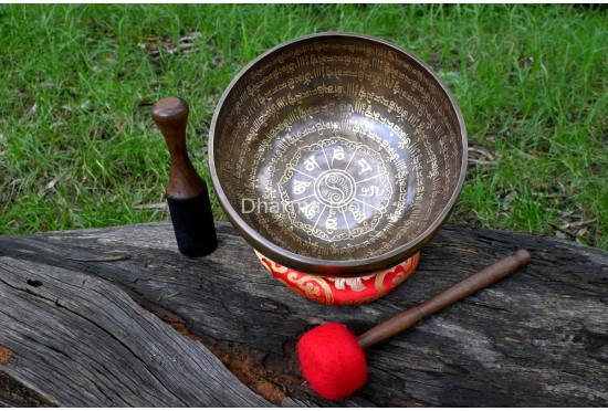 Mantra Mandala Etched Tibetan Singing Bowl – Tibetan Mantra & OM Symbol – Multiple Size Option