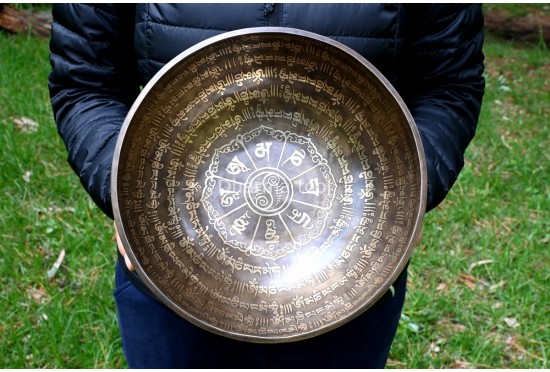 Mantra Mandala Etched Tibetan Singing Bowl – Tibetan Mantra & OM Symbol – Multiple Size Option