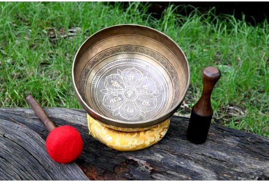 Lotus Mandala & Tibetan Mantra Etched Tibetan Singing Bowl – Multiple Size Option