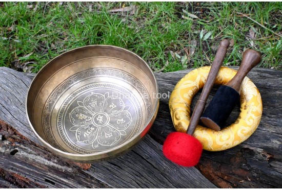 Lotus Mandala & Tibetan Mantra Etched Tibetan Singing Bowl – Multiple Size Option