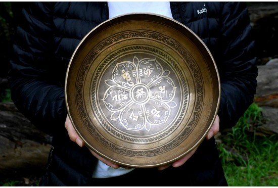 Lotus Mandala & Tibetan Mantra Etched Tibetan Singing Bowl – Multiple Size Option