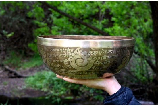 Lotus Mandala & Tibetan Mantra Etched Tibetan Singing Bowl – Multiple Size Option