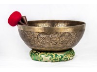 Large Tibetan Singing Bowl with Jungle Yogi, Eight Lucky Symbols & Double Dorje Symbol