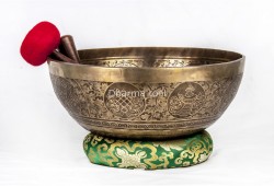 Large Tibetan Singing Bowl with Jungle Yogi, Eight Lucky Symbols & Double Dorje Symbol