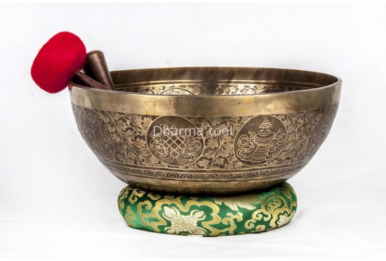 Large Tibetan Singing Bowl with Jungle Yogi, Eight Lucky Symbols & Double Dorje Symbol