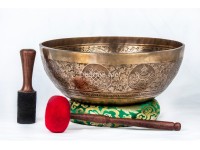Large Tibetan Singing Bowl with Jungle Yogi, Eight Lucky Symbols & Double Dorje Symbol