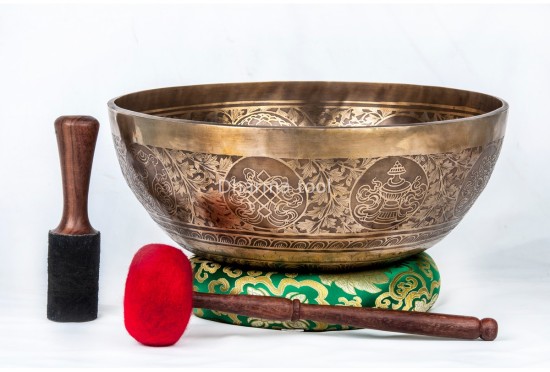 Large Tibetan Singing Bowl with Jungle Yogi, Eight Lucky Symbols & Double Dorje Symbol