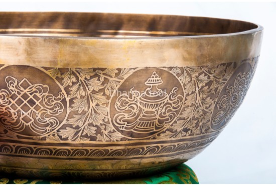 Large Tibetan Singing Bowl with Jungle Yogi, Eight Lucky Symbols & Double Dorje Symbol