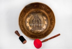 Large Tibetan Singing Bowl with Jungle Yogi, Eight Lucky Symbols & Double Dorje Symbol