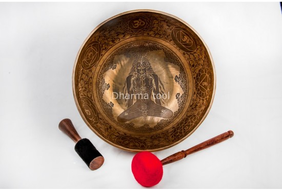 Large Tibetan Singing Bowl with Jungle Yogi, Eight Lucky Symbols & Double Dorje Symbol