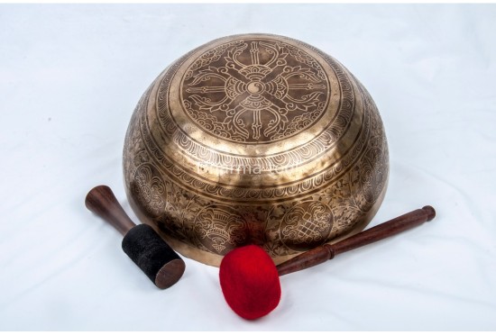 Large Tibetan Singing Bowl with Jungle Yogi, Eight Lucky Symbols & Double Dorje Symbol