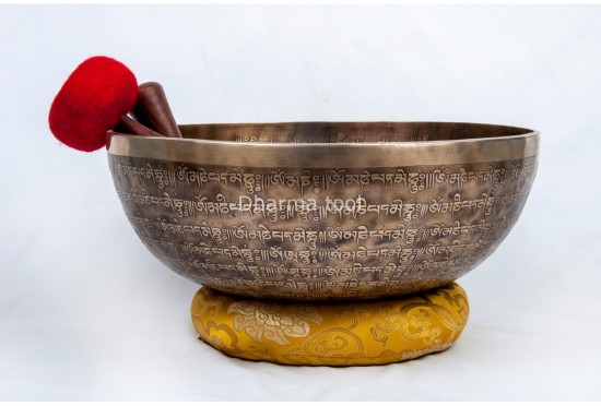 Large Tibetan Singing Bowl with Lotus Mantra Mandala, Tibetan Mantra Ring & Double Dorje Symbol