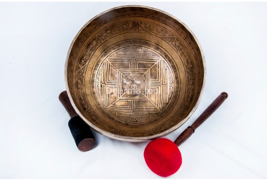 Large Tibetan Singing Bowl with Tibetan Mandala, Hindu Om & Eight Auspicious Symbols