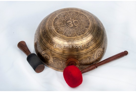 Large Tibetan Singing Bowl with Tibetan Mandala, Hindu Om & Eight Auspicious Symbols