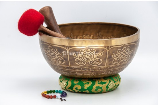 Large Buddha Tibetan Singing Bowl with Eight Auspicious Symbols & Double Dorje Design