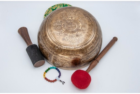Large Buddha Tibetan Singing Bowl with Eight Auspicious Symbols & Double Dorje Design