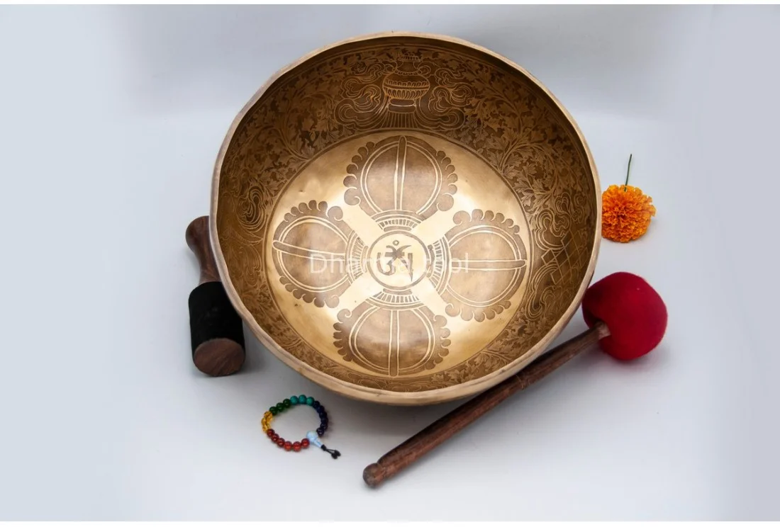 Double Dorje (Vishvavajra) etched large Himalayan singing bowl from Nepal Large Double Dorje Vishvavajra etched on a Himalayan singing bowl — the crossed vajra pointing in four directions