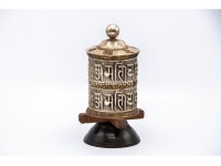 8-Inch Tall Tabletop Tibetan Prayer Wheel – Silver Finish with Mantra Roll