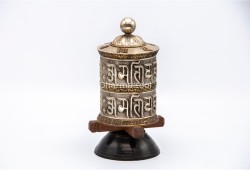 8-Inch Tall Tabletop Tibetan Prayer Wheel – Silver Finish with Mantra Roll