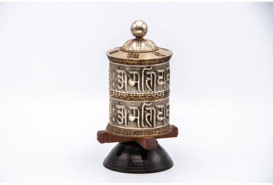 8-Inch Tall Tabletop Tibetan Prayer Wheel – Silver Finish with Mantra Roll