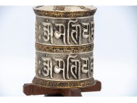 8-Inch Tall Tabletop Tibetan Prayer Wheel – Silver Finish with Mantra Roll