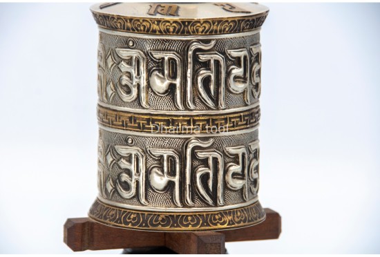 8-Inch Tall Tabletop Tibetan Prayer Wheel – Silver Finish with Mantra Roll