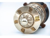 8-Inch Tall Tabletop Tibetan Prayer Wheel – Silver Finish with Mantra Roll