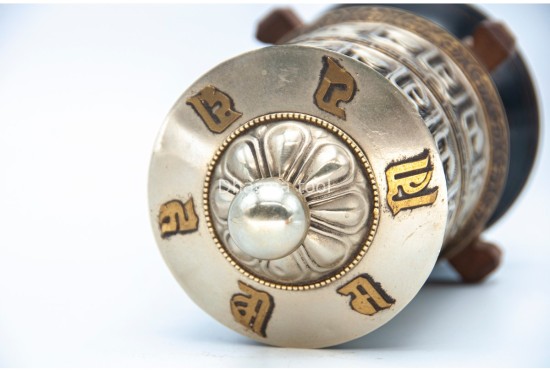 8-Inch Tall Tabletop Tibetan Prayer Wheel – Silver Finish with Mantra Roll