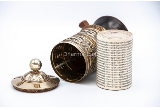 8-Inch Tall Tabletop Tibetan Prayer Wheel – Silver Finish with Mantra Roll