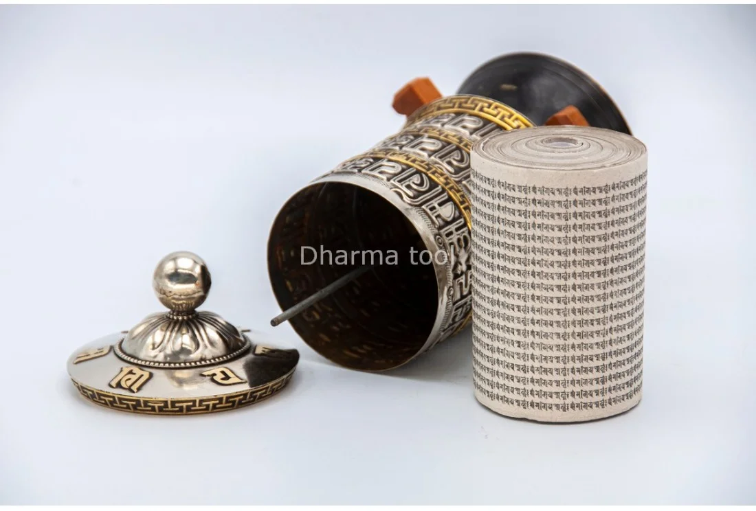 Tibetan mantra roll inside 8 inch table top prayer wheel with Om Mani Padme Hum mantra scroll