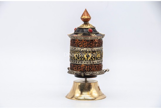 6.5 Inch Table Top Tibetan Prayer Wheel Eight Lucky Symbols Handmade in Nepal