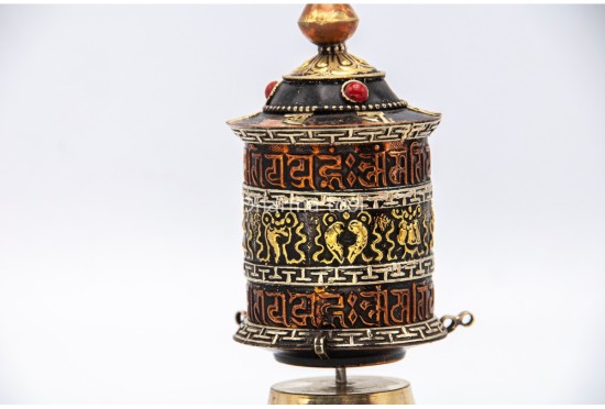 6.5 Inch Table Top Tibetan Prayer Wheel Eight Lucky Symbols Handmade in Nepal