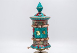 Artistic Tibetan Prayer Wheel Stone Inlay Handmade in Nepal