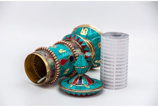 Artistic Tibetan Prayer Wheel Stone Inlay Handmade in Nepal