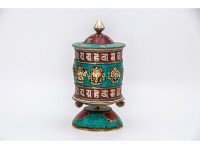 Table Top Tibetan Prayer Wheel – Eight Lucky Symbols with Stone Inlay