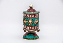 Table Top Tibetan Prayer Wheel – Eight Lucky Symbols with Stone Inlay