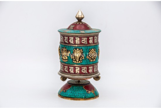 Table Top Tibetan Prayer Wheel – Eight Lucky Symbols with Stone Inlay