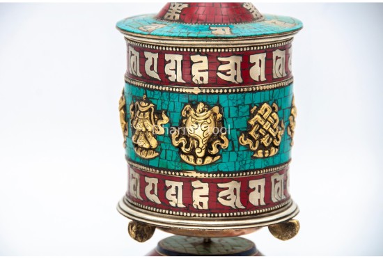 Table Top Tibetan Prayer Wheel – Eight Lucky Symbols with Stone Inlay