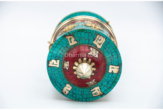 Table Top Tibetan Prayer Wheel – Eight Lucky Symbols with Stone Inlay