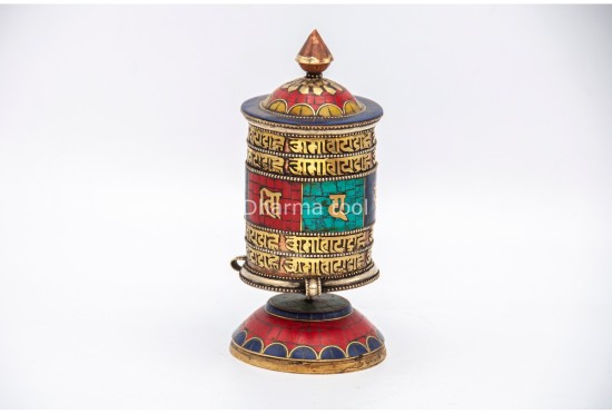 6.5-Inch Tabletop Tibetan Prayer Wheel – Stone Inlay & Mantra Design
