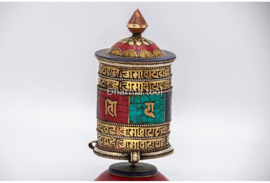 6.5-Inch Tabletop Tibetan Prayer Wheel – Stone Inlay & Mantra Design