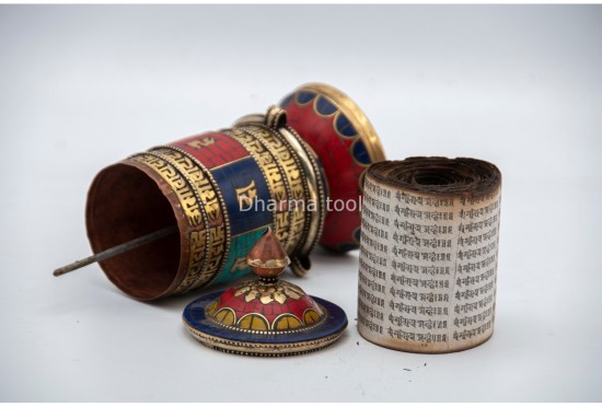 6.5-Inch Tabletop Tibetan Prayer Wheel – Stone Inlay & Mantra Design