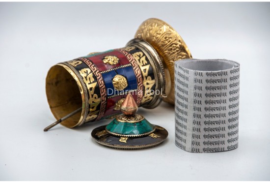 Tibetan Prayer Wheel – Eight Lucky Symbols & Stone Inlay