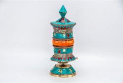 10 Inch Tabletop Tibetan Prayer Wheel Stone Inlay