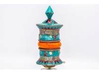 10 Inch Tabletop Tibetan Prayer Wheel Stone Inlay